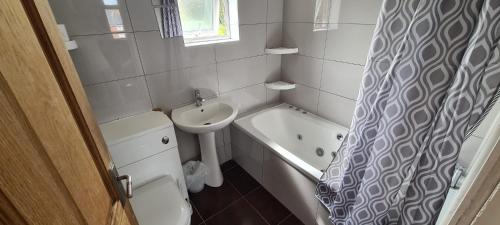 HeeleyThorpe House Suites的浴室配有水槽、卫生间和浴帘