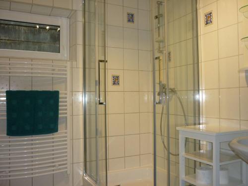 博伊龙Fewo Larissa的带淋浴的浴室和玻璃门