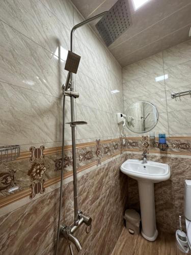 卡兹贝吉Polaris Kazbegi的浴室配有盥洗盆和带镜子的淋浴