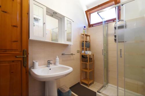 皮诺港Mario & Nina - Portopino House的一间带水槽和玻璃淋浴的浴室