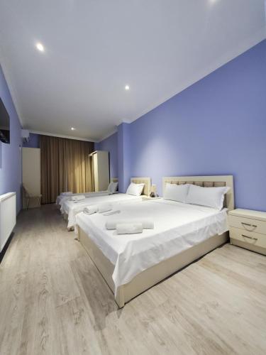 茨卡尔图博Hotel N的一间卧室设有三张床和蓝色的墙壁