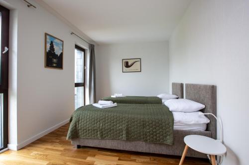 德鲁斯基宁凯Pine Home的一间卧室配有一张带绿毯的床