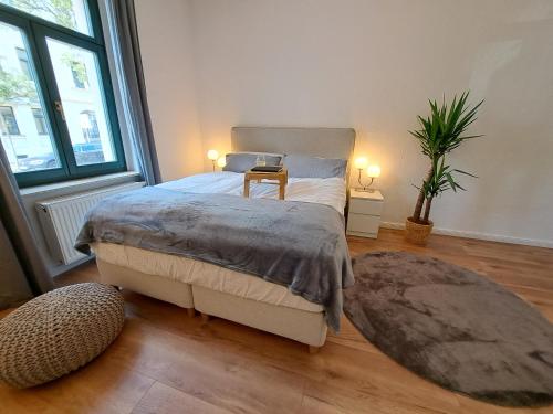 德累斯顿Gemütliche helle Ferienwohnung的一间卧室设有一张床和一个大窗户