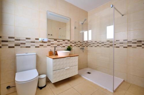 大加那利岛拉斯帕尔马斯Apartments Vegueta Suite的浴室配有卫生间、盥洗盆和淋浴。