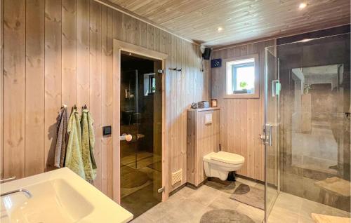 Gorgeous Home In Gl With Sauna的带淋浴、卫生间和盥洗盆的浴室