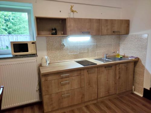 阿贝尔塔米Penzion U Můstku Hřebečná的厨房配有木制橱柜、水槽和微波炉