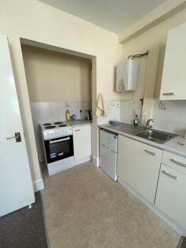 布莱顿霍夫Flat in Brighton city centre的厨房配有白色橱柜和炉灶烤箱。