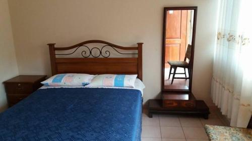 VallegrandeResidencial Teresita的一间卧室配有一张带蓝色毯子和镜子的床