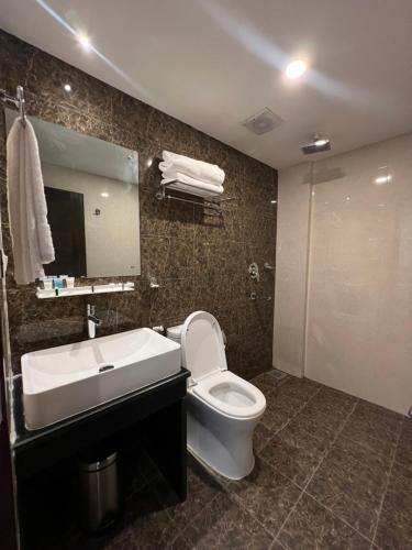 加德满都Hotel Black Diamond - Inside Airport的一间带卫生间、水槽和镜子的浴室