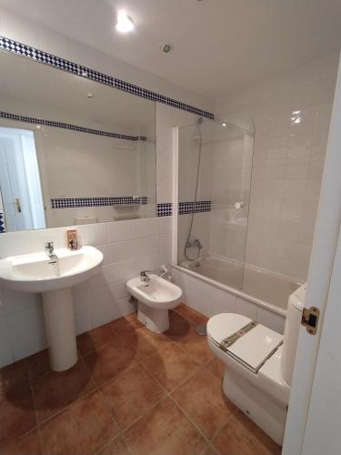 莫拉尔岛MAGNIFICO APTO. DOS DORMITORIOS PUNTA DEL MORAL的浴室配有盥洗盆、卫生间和浴缸。