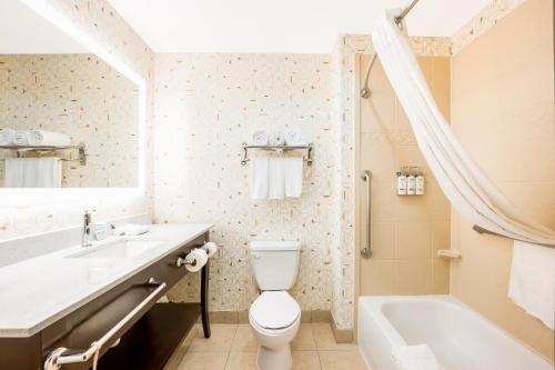 布朗斯维尔布朗斯维尔康福特套房酒店的浴室配有盥洗盆、卫生间和浴缸。