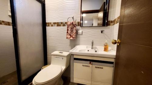 马查拉Suites AlojaT MIMOS Machala diagonal al oro verde.的一间带卫生间和水槽的小浴室