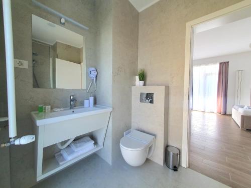 北马马亚-讷沃达里MIANELLY Apartments Mamaia Nord的一间带水槽、卫生间和镜子的浴室
