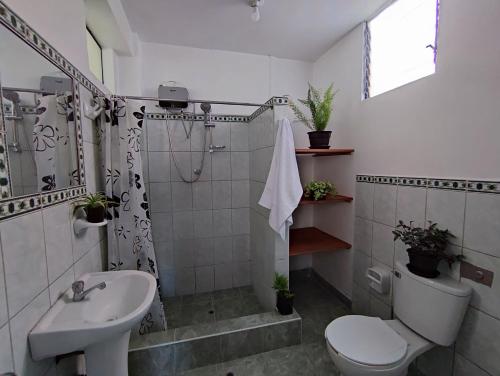 库斯科Casa QENTE的一间带水槽、卫生间和淋浴的浴室