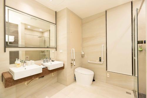 鹿港镇鹿港澄悅酒店的一间带水槽、卫生间和镜子的浴室