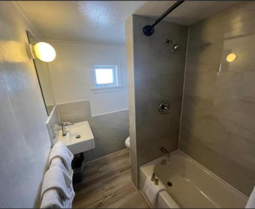 卡什克里克Robbie's Motel的带淋浴、盥洗盆和浴缸的浴室