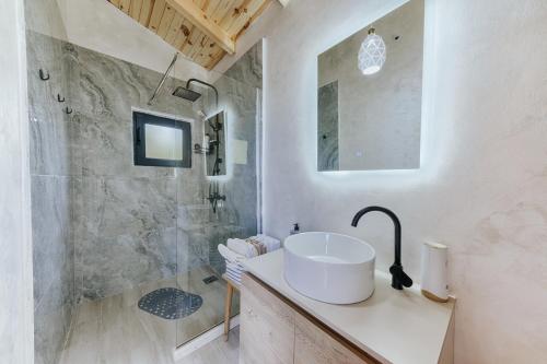 巴尔Olive Hills Holiday homes的一间带水槽和淋浴的浴室