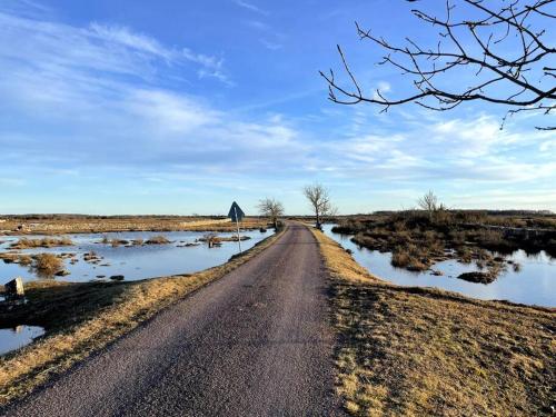 摩尔比兰加Stuga med panoramautsikt, paradis för fågelskådare och vandrare, självstäd efter besök的田野上一条有水的路