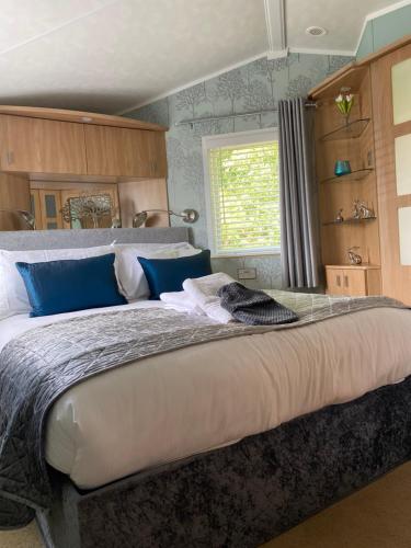 SwarlandCosy & Modern Cabin In Heart of Northumberland的一间卧室配有一张带蓝色枕头的大床