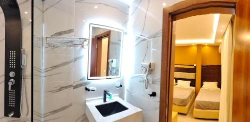 瓦迪穆萨Petra Town Check-Inn的一间带水槽、淋浴和镜子的浴室