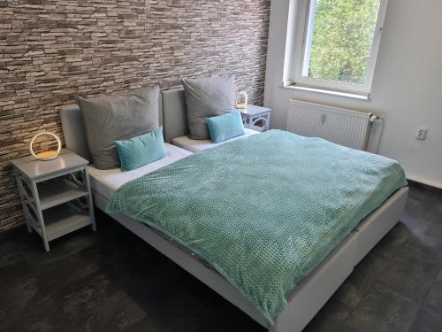 杜伊斯堡Theox No 10 für 6 Personen的一间卧室配有一张带绿毯的床和窗户。