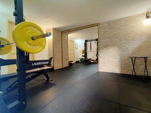 ChambaveLe chalet du village的一间健身房,里面有一个黄色的大小贴士