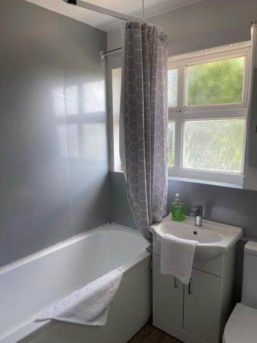 惠灵顿House number 4 Sleeps up to 5 with Smart TVs in every room的一间带水槽和浴缸的浴室以及窗户。