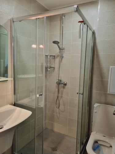 卡瓦尔纳ATEA apartments的带淋浴、卫生间和盥洗盆的浴室