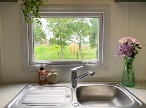 圣安娜兰Het Hoefje的厨房水槽,带窗户和花瓶