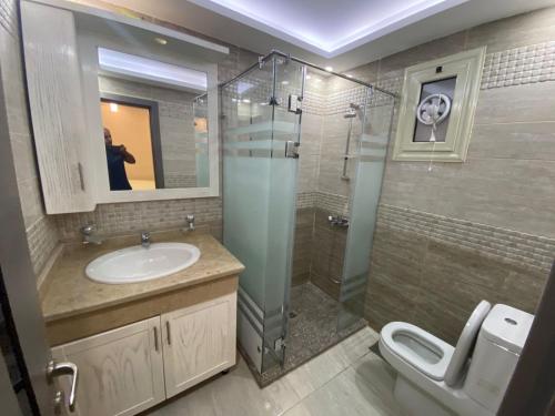沙姆沙伊赫Sharm Hills Aqua park Resort的一间带水槽、淋浴和卫生间的浴室