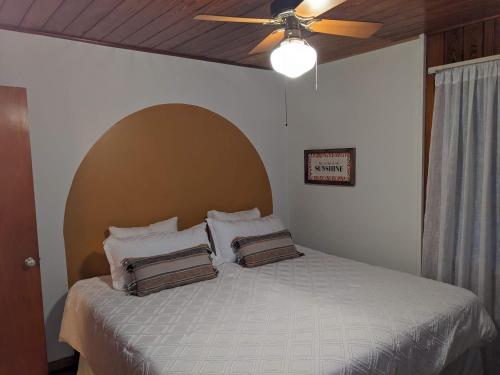 EustisMid Century Style Cottage Near Historic Downtown的一间卧室配有一张带吊扇的床