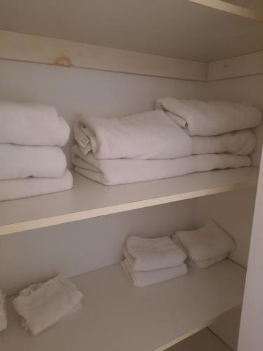 圣约翰斯Lovely 2 Bedroom apartment close to Avalon Mall的架子上装满白色毛巾的衣柜