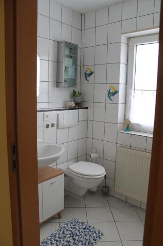 韦茨拉尔Gemütliches Apartment, nahe Wetzlar的白色的浴室设有卫生间和水槽。