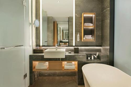 西安西安德尔塔酒店的一间带水槽和镜子的浴室