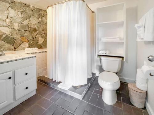 EnighedOcean View Retreat Villa的一间带卫生间和淋浴帘的浴室