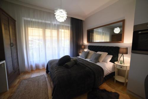 弗尔尼亚奇卡矿泉镇Studio Matovic Vrnjacka Banja的卧室配有一张床,墙上设有镜子