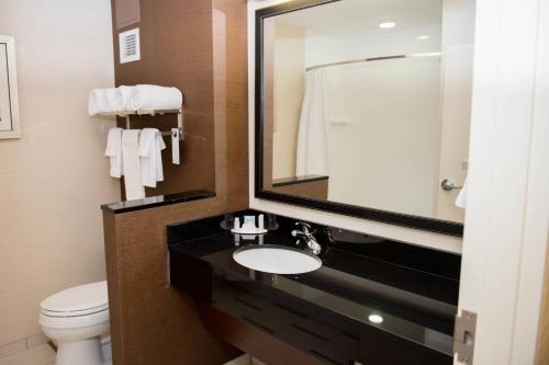 蒙克顿Fairfield Inn & Suites by Marriott Moncton的一间带水槽、镜子和卫生间的浴室