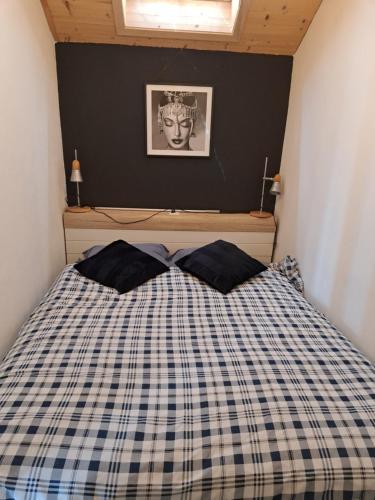 可利镇Charmante maison au coeur du Lavaux, Cully, cuisine, WiFi, Les Echalas的一间卧室配有一张带 ⁇ 子毯子的床