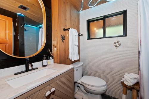 大熊湖New!!! Dreamy Bear Haus- Updated Retro Retreat & Spa, Pet & Kid Friendly的一间带卫生间、水槽和镜子的浴室