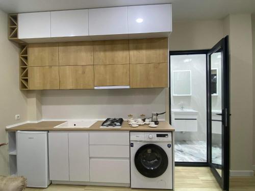 巴统MT House的厨房配有洗衣机和洗衣机。