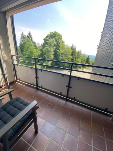 温特贝格Appartement de Ruiter的阳台设有长凳和大窗户。