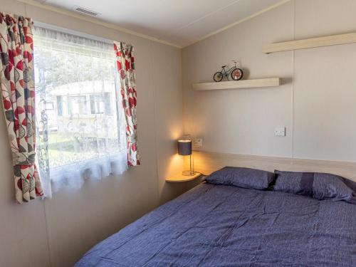 斯凯格内斯Caravan Skegness 8 Berth的一间卧室设有蓝色的床和窗户。