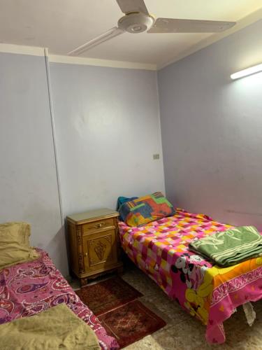 法尤姆Azzam Guest House 1 families only的一间卧室设有两张床、一个梳妆台和天花板。