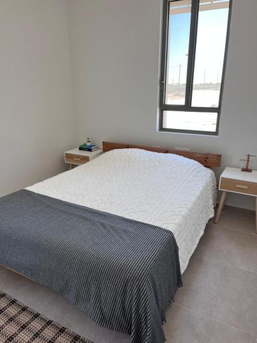 Niẕẕane SinayStarlight: A desert unit的白色的卧室设有床和窗户