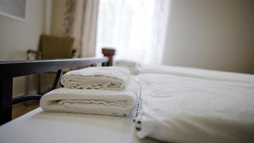 不来梅港Hafen 12的房间里的床上有两堆毛巾