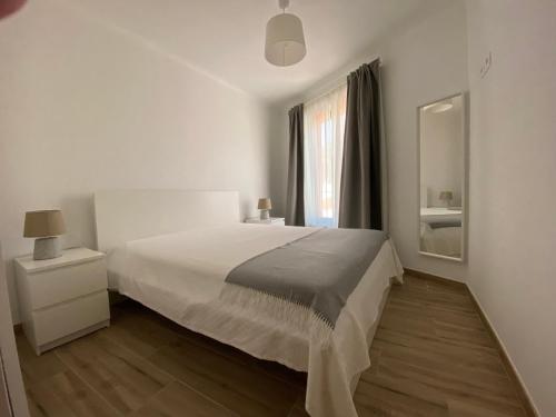 奥德赛克斯Casa da Amoreira的白色卧室设有一张大床和镜子