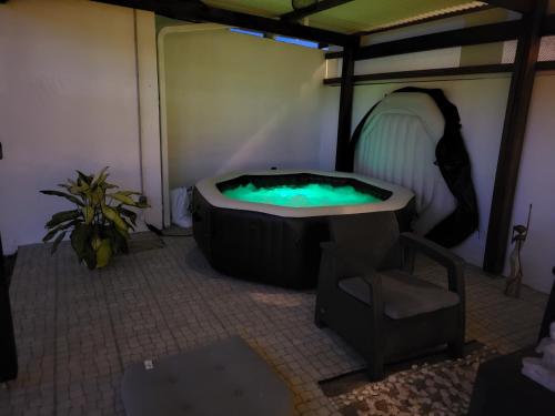 BourdaRésidence Ariane的一个带椅子和植物的房间的热水浴缸