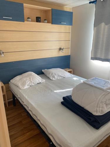 BoofzheimMORREALE MOBILE HOME (prox. Europa park/Rulantica)的一张床上有两个枕头的房间