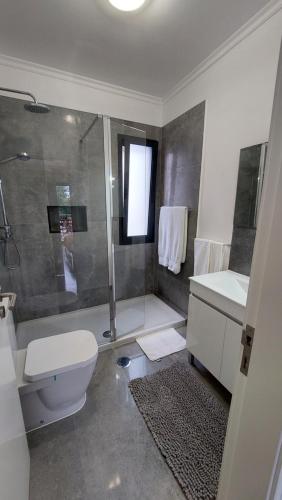 丰沙尔Villa Strelitzia的浴室配有卫生间、盥洗盆和淋浴。