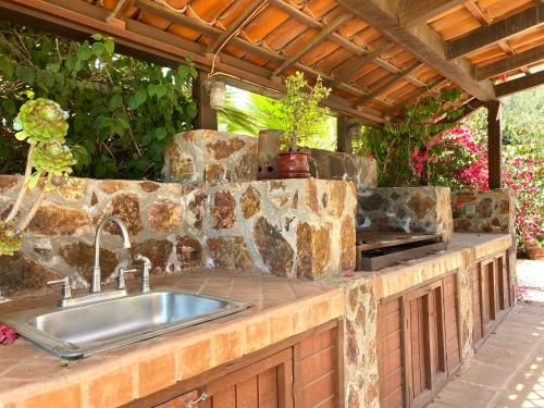 瓜达鲁佩镇Tierra Mia Hacienda Ruta del Vino的一个带水槽和石墙的户外厨房